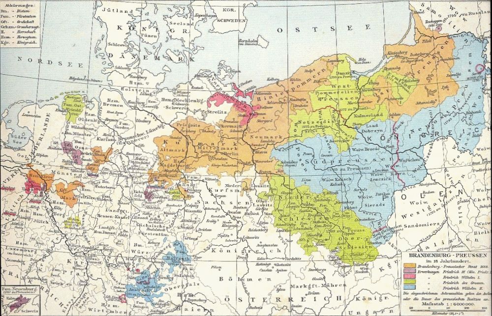 Preußens Gebietszuwächse unter Friedrich II., 1740–1786 (grün)